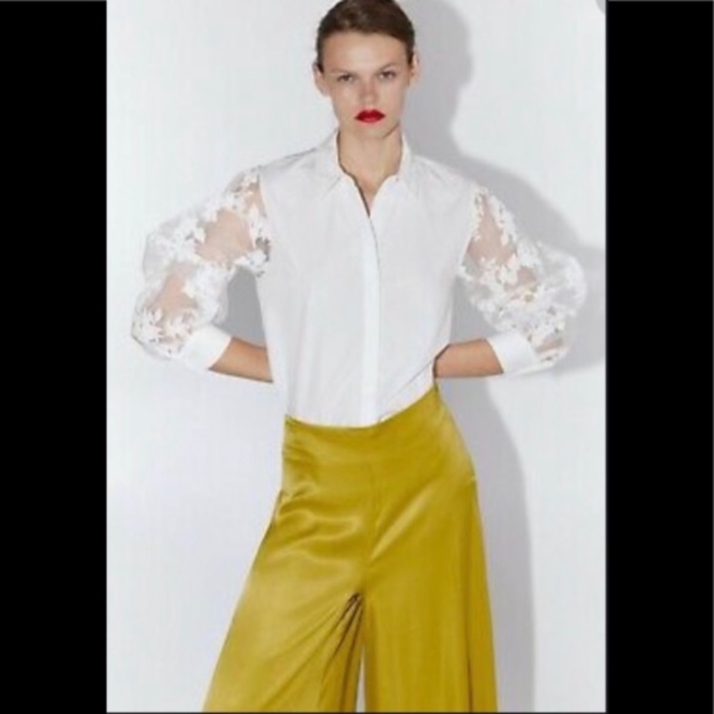 Zara White Flora Sheer Puff Sleeve Organza Blouse Oxford Button down shirt